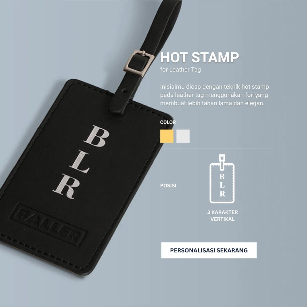 Personalisasi dengan hot stamp untuk leather tag Baller